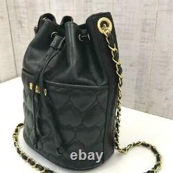 MOSCHINO Drawstring Chain Shoulder Bag Vintage Heart Quilted Leather Black color