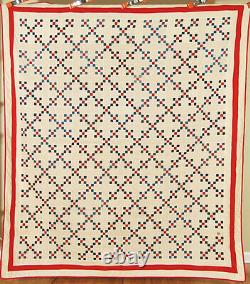 MUSEUM QUALITY 1880's Red White & Indigo Blue 9-Patch Antique Quilt TINY PIECES