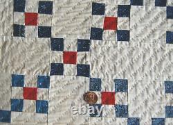 MUSEUM QUALITY 1880's Red White & Indigo Blue 9-Patch Antique Quilt TINY PIECES