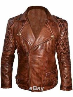 Men's Classic Diamond Biker Motorcycle Distressed vintage Quilted Leather Jacket