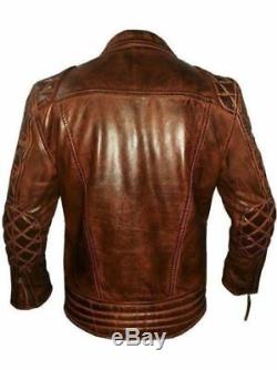 Men's Classic Diamond Biker Motorcycle Distressed vintage Quilted Leather Jacket