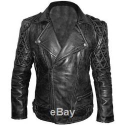 Men's Classic Diamond Biker Motorcycle Vintage Quilted Leather Jacket With Skull