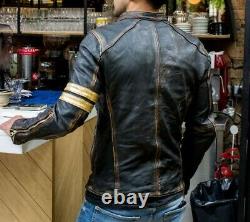 Mens Motorcycle Biker Vintage Caf Racer Distressed Black Genuine Leather Jacket