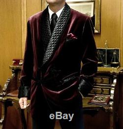 Mens Smoking Jacket Quilted Vintage Burgundy Velvet Blazer Bilberry Evening Coat