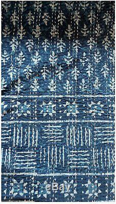 My Craft Palace Blue Indigo Queen Size Kantha Quilt Vintage Handmade Indigo