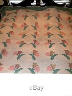 NEW SIGNED vtg Nappanee AMISH QUILT HANDMADE PATCHWORK TULIPS 104x86 bedspread