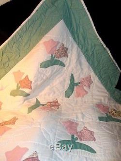 NEW SIGNED vtg Nappanee AMISH QUILT HANDMADE PATCHWORK TULIPS 104x86 bedspread