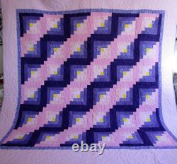 NOT SO VINTAGE Log Cabin Quilt, HANDMADE, King, 108 COTTON, Pink Purple Yellow