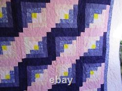 NOT SO VINTAGE Log Cabin Quilt, HANDMADE, King, 108 COTTON, Pink Purple Yellow