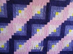 NOT SO VINTAGE Log Cabin Quilt, HANDMADE, King, 108 COTTON, Pink Purple Yellow