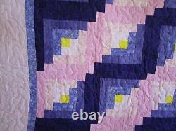 NOT SO VINTAGE Log Cabin Quilt, HANDMADE, King, 108 COTTON, Pink Purple Yellow