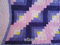 NOT SO VINTAGE Log Cabin Quilt, HANDMADE, King, 108 COTTON, Pink Purple Yellow