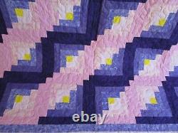 NOT SO VINTAGE Log Cabin Quilt, HANDMADE, King, 108 COTTON, Pink Purple Yellow