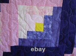 NOT SO VINTAGE Log Cabin Quilt, HANDMADE, King, 108 COTTON, Pink Purple Yellow