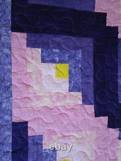 NOT SO VINTAGE Log Cabin Quilt, HANDMADE, King, 108 COTTON, Pink Purple Yellow