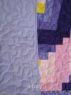 NOT SO VINTAGE Log Cabin Quilt, HANDMADE, King, 108 COTTON, Pink Purple Yellow