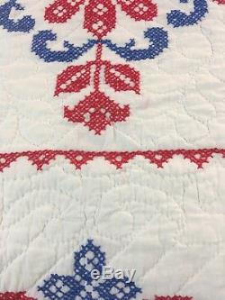 OMG! VINTAGE Handmade Cross Stitch QUILT Well Quilted Patriotic Colors 65 x 93
