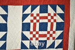 OUTSTANDING Vintage 1880's Red, White & Blue Steeplechase Antique Quilt