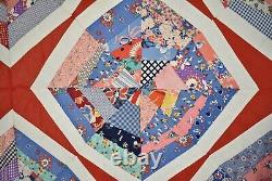 OUTSTANDING Vintage 30's Spider Web Kaleidoscope Quilt Top, Red Accents