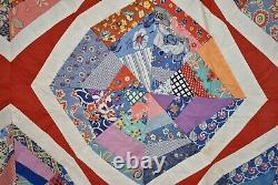 OUTSTANDING Vintage 30's Spider Web Kaleidoscope Quilt Top, Red Accents
