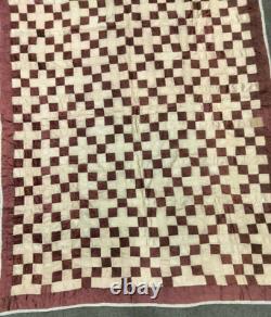 OUTSTANDING Vintage Hand Quilted Silk Nine Patch Red and Cream Quilt 84x64 Good