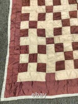 OUTSTANDING Vintage Hand Quilted Silk Nine Patch Red and Cream Quilt 84x64 Good