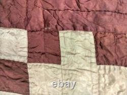 OUTSTANDING Vintage Hand Quilted Silk Nine Patch Red and Cream Quilt 84x64 Good