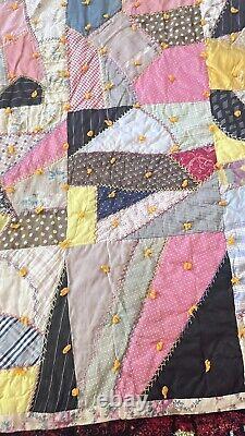 Old Crazy Quilt Mid Century Vintage Maybe Antique 66x80 Handmade Light Weight