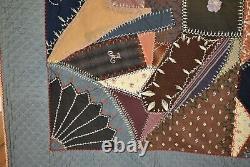 Outstanding Vintage Wool Antique Crazy Quilt DENSE HAND EMBROIDERY