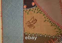 Outstanding Vintage Wool Antique Crazy Quilt DENSE HAND EMBROIDERY