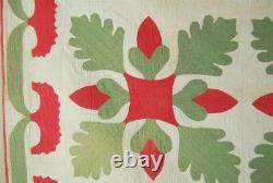 PRE CIVIL WAR 1850's Red & Green Oak Leaf & Acorn Applique Antique Quilt