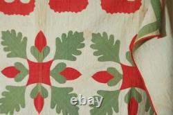PRE CIVIL WAR 1850's Red & Green Oak Leaf & Acorn Applique Antique Quilt