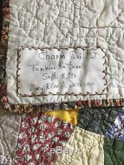 Pair Twin Vintage All Hand Made Charm Quilts Quilt Signed Dated Tumbler Pattern