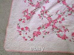 Pink Feedsack Floral Cotton Handmade Vintage Drunkard's Path Full Quilt 86 x 79