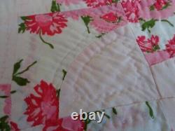 Pink Feedsack Floral Cotton Handmade Vintage Drunkard's Path Full Quilt 86 x 79
