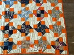 Pinwheel hand sewn orange vintage handmade quilt 68 x 76 paper pinwheels antique