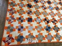 Pinwheel hand sewn orange vintage handmade quilt 68 x 76 paper pinwheels antique