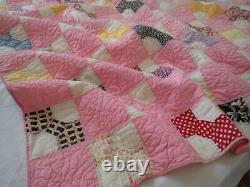 Pretty Vintage 30s Pink & White Bowtie Feedsack QUILT 77x68
