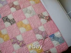 Pretty Vintage 30s Pink & White Bowtie Feedsack QUILT 77x68