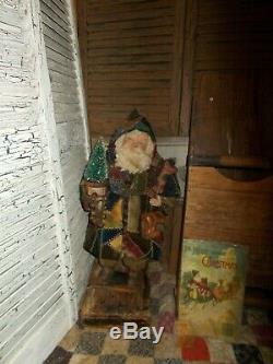 Primitive Santa Claus, Vintage quilt, sisal tree, Handmade Santa Claus doll, ooak