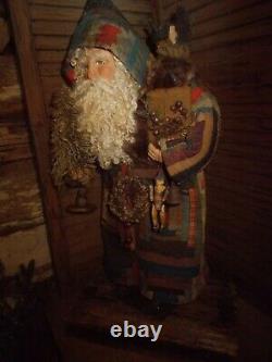 Primitive Santa Claus, antique quilt, vintage Erzebirge doll, Handmade, OOAK