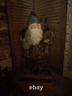 Primitive Santa Claus, antique quilt, vintage Erzebirge doll, Handmade, OOAK