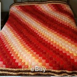 Quality Handmade Handquilted King Queen Quilt vtg Sunset red orange yellow