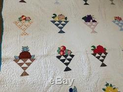 Queen size Vintage handmade quilt 88 x 70 Fruit basket applique hand quilted