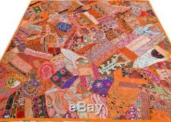 Quilt Bed cover Patchwork Orange Queen Handmade Bedspread India Vintage Patches