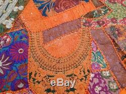 Quilt Bed cover Patchwork Orange Queen Handmade Bedspread India Vintage Patches