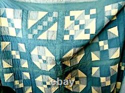 Quilt Handmade Hand/Machine Stitched Vintage Blue/Beige 182 x 118 Farmhouse