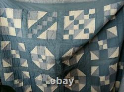 Quilt Handmade Hand/Machine Stitched Vintage Blue/Beige Large 182 x 118 Bed