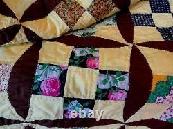 Quilt Handmade Hand Stitched Pinwheel Design Vintage 87 x 72 Yellow Farmhouse