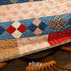 Quilt Handmade Vintage Multi-Color Pattern 74 x 51 Hand Quilted Twin/Full